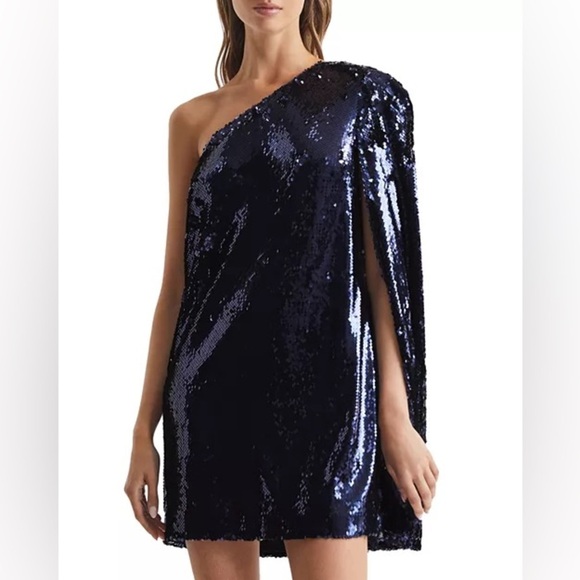 REISS Eva Sequin Cape One Shoulder Mini Dress in Blue Size 8 Party Holiday - Picture 2 of 8